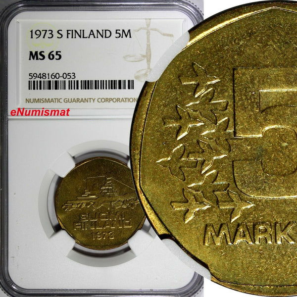Finland Aluminium-Bronze 1973 S 5 Markkaa NGC MS65 TOP GRADED KM# 53 (053)