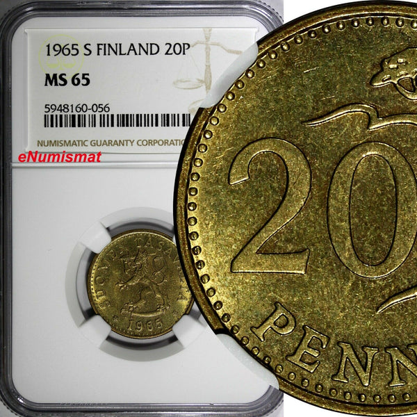 Finland Aluminium-Bronze 1965 S 20 Penniä NGC MS66 TOP GRADED KM# 47 (056)