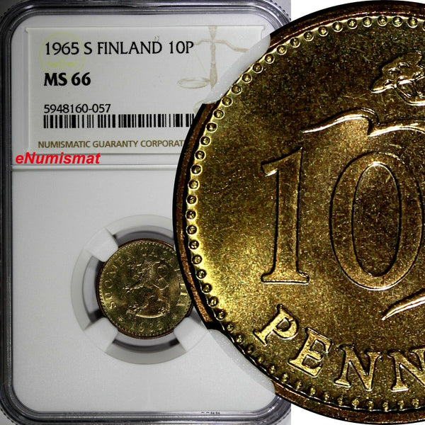 Finland Aluminium-Bronze 1965 S 10 Penniä NGC MS66 TOP GRADED KM# 46 (057)