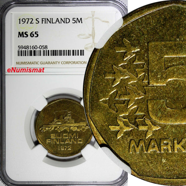 Finland Aluminium-Bronze 1972 S 5 Markkaa NGC MS65 TOP GRADED KM# 53 (058)