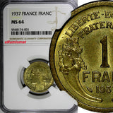 France Aluminum-Bronze 1937 1 Franc NGC MS64 1 GRADED HIGHEST BY NGC KM# 885 (1)