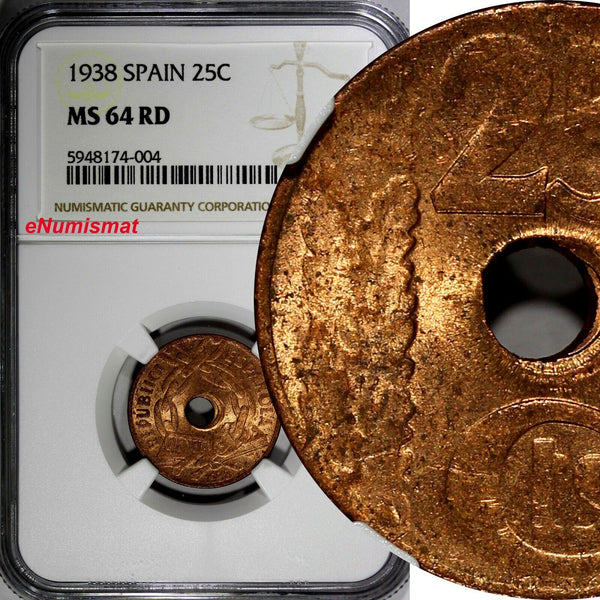 SPAIN II Republic Copper 1938 25 Centimos 1 Year Type NGC MS64 RD KM# 757 (004)