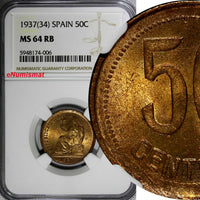 SPAIN II Republic Copper 1937 (34) 50 Centimos NGC MS64 RB KM# 754.1 (006)