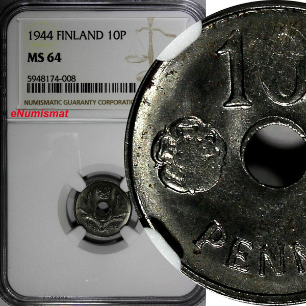 Finland Iron 1944 10 Penniä NGC MS64 WWII Issue 1 GRADED HIGHEST KM# 34.1 (008)