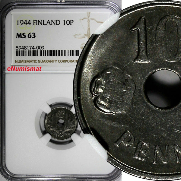 Finland Iron 1944 10 Penniä NGC MS63 WWII Issue KM# 34.1 (009)