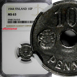 Finland Iron 1944 10 Penniä NGC MS63 WWII Issue KM# 34.1 (010)