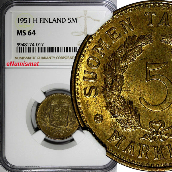 Finland Brass 1951 H 5 Markkaa NGC MS64 TOP GRADED BY NGC KM# 31a (017)