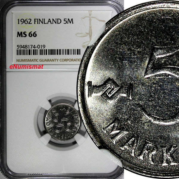 Finland Nickel Plated Iron 1962 5 Markkaa NGC MS66 BETTER DATE KM# 37a (019)