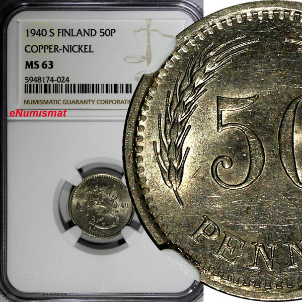 Finland Copper-Nickel 1940 S 50 Penniä Last Year NGC MS63 TOP GRADED KM# 26 (24)