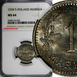 Finland Copper-Nickel 1939 S 1 Markka WWII Issue NGC MS64 TOP GRADED KM# 30 (6)