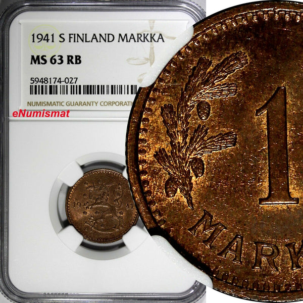 Finland Copper 1941 S 1 Markka WWII Issue NGC MS63 RB TOP GRADED KM# 30a (027)