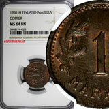 Finland Copper 1951 H 1 Markka Last Year NGC MS64 BN TOP GRADED KM# 30a (028)