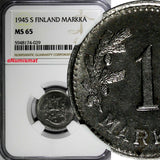 Finland Iron 1945 S 1 Markka WWII Issue NGC MS65 TOP GRADED BY NGC KM# 30b (029)