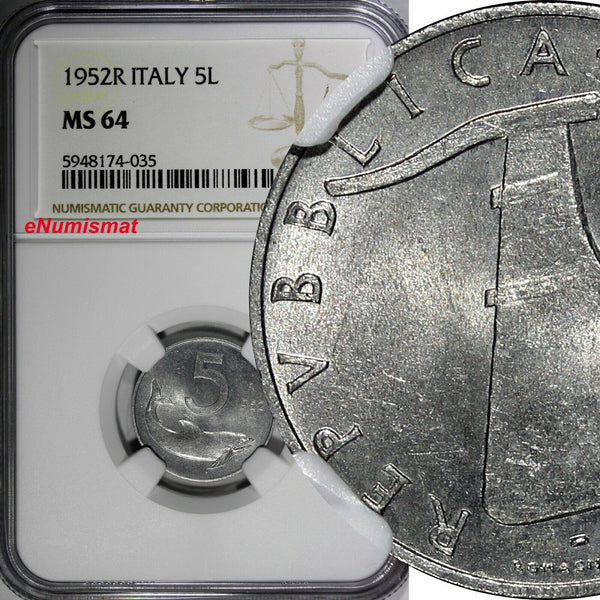 Italy Aluminum 1952 R 5 Lire Dolphin NGC MS64 KM# 92 (035)