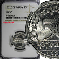 Germany, Weimar  Republic 1922 D 50 Pfennig NGC MS64 Munich Mint KM# 27 (037)