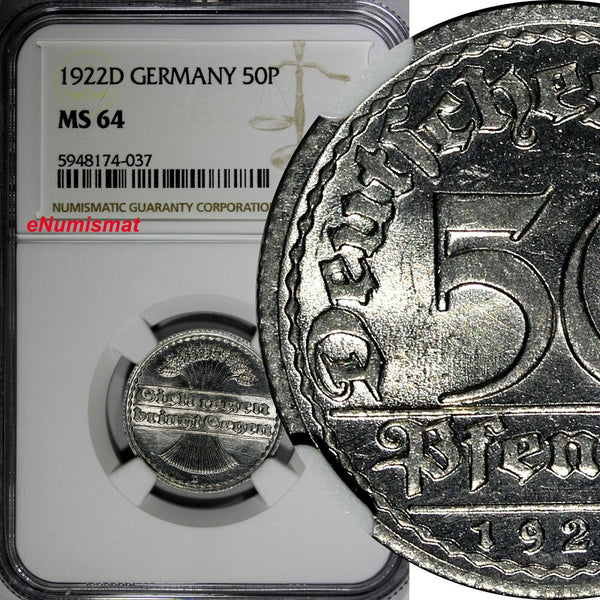 Germany, Weimar  Republic 1922 D 50 Pfennig NGC MS64 Munich Mint KM# 27 (037)