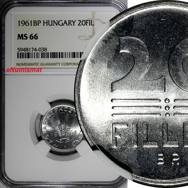 Hungary  Aluminum 1961 BP 20 Fillér NGC MS66 TOP GRADED BY NGC KM# 550 (038)