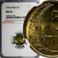 Peru Brass 1956 5 Centavos Thin Planchet NGC MS65 TOP GRADED KM# 223.2 (040)