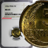 Peru Brass 1956 5 Centavos Thin Planchet NGC MS65 TOP GRADED KM# 223.2 (040)