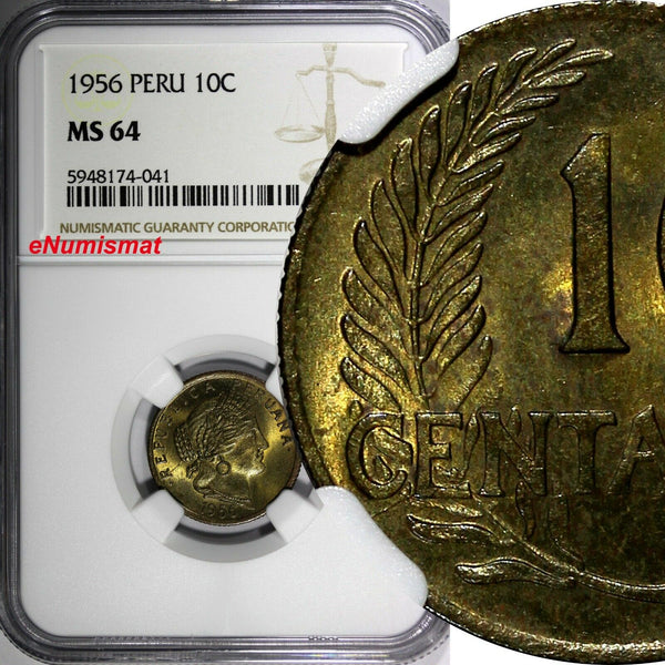 Peru Brass 1956 10 Centavos NGC MS64 TOP GRADED KM# 224.2 (041)