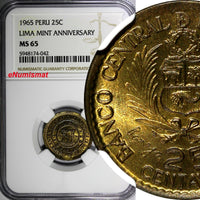 Peru Brass 1965 25 Centavos LIMA MINT ANNIVERSARY NGC MS65 KM# 238 (042)