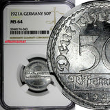 Germany, Weimar Republic 1921 A 50 Pfennig NGC MS64 Berlin Mint KM# 27 (043)