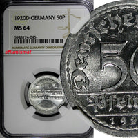 Germany, Weimar Republic 1920 D 50 Pfennig NGC MS64 GEM BU Munich Mint KM# 27(5)