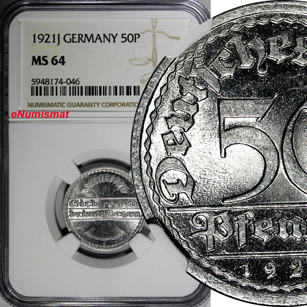 Germany,Weimar Republic 1921 J 50 Pfennig NGC MS64 1 GRADED HIGHER KM# 27 (046)