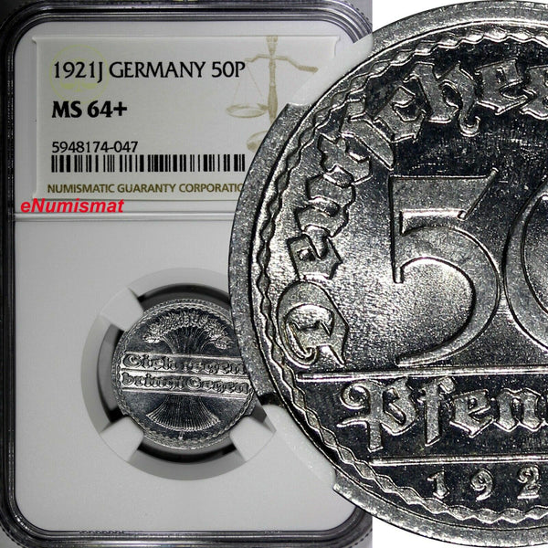 Germany,Weimar Republic 1921 J 50 Pfennig NGC MS64+ 1 GRADED HIGHER KM# 27 (7)