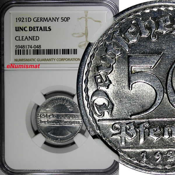 Germany, Weimar Republic 1921 D 50 Pfennig NGC UNC DETAILS Munich Mint KM# 27(8)