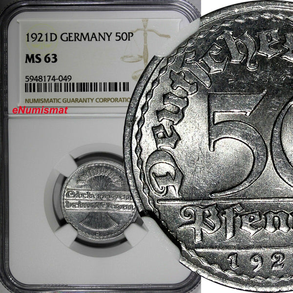 Germany, Weimar Republic 1921 D 50 Pfennig NGC MS63 GEM BU Munich Mint KM# 27(9)