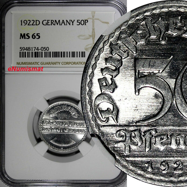 Germany, Weimar  Republic 1922 D 50 Pfennig NGC MS65 Munich Mint KM# 27 (050)