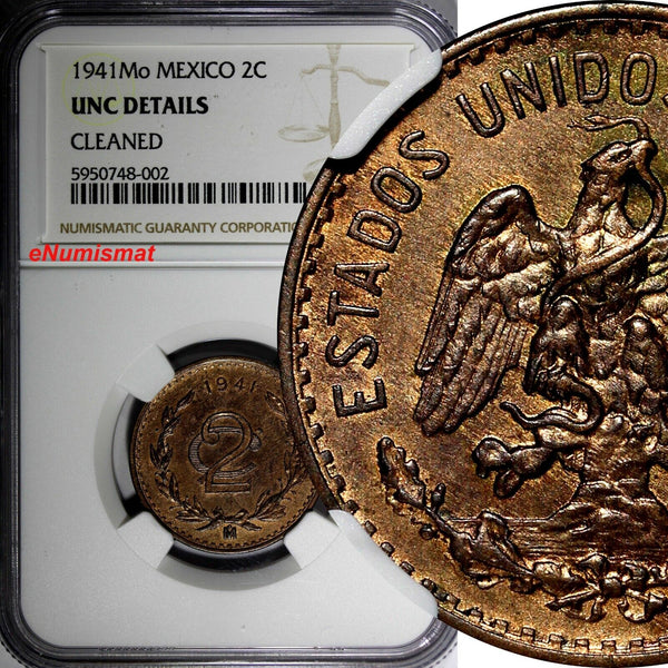 Mexico ESTADOS UNIDOS MEXICANOS 1941 Mo 2 Centavos NGC UNC Details KM# 419 (02)