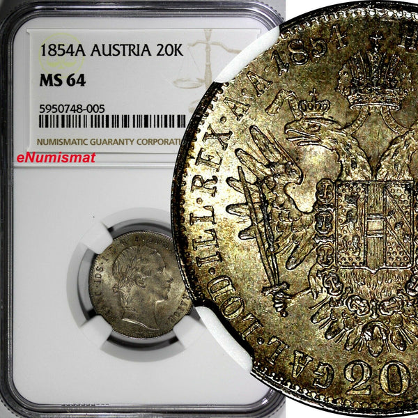 Austria Franz Joseph I Silver 1854 A 20 Kreuzer NGC MS64 Luster.Toning KM2211(5)