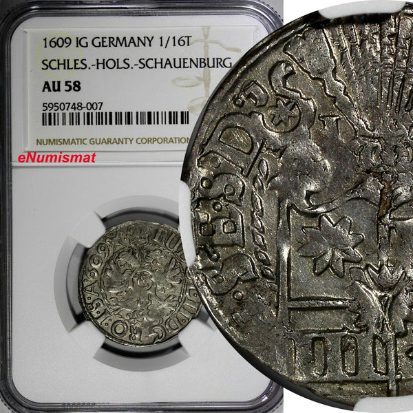 Germany Schles-Hols-Schauenburg Silver 1609 IG 1/16 Thaler NGC AU58 TOP KM# 47