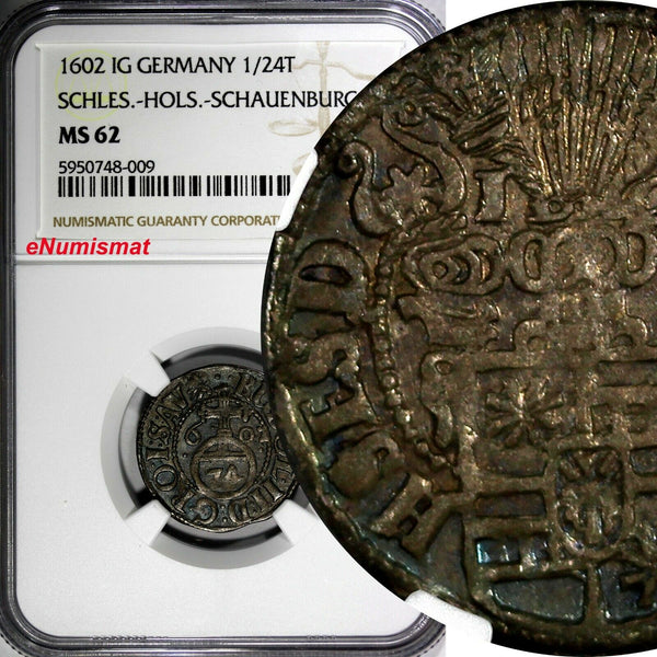 Germany Schles-Hols-Schauenburg Silver 1602 IG 1/24 Thaler NGC MS62 TOP GRADED