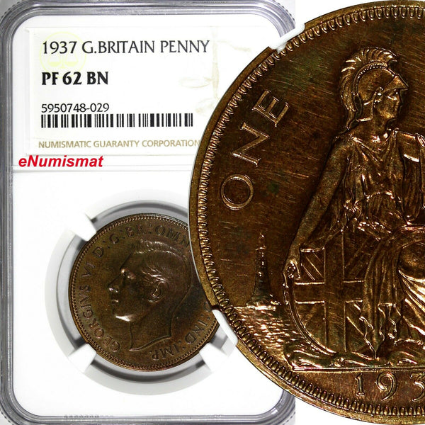 Great Britain George VI PROOF 1937 1 Penny NGC PF62 BN Mint-26,400 KM# 845 (9)