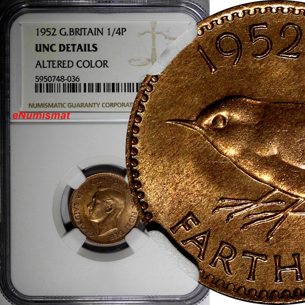 Great Britain George VI Bronze 1952 Farthing NGC UNC DETAILS KM# 867 (036)