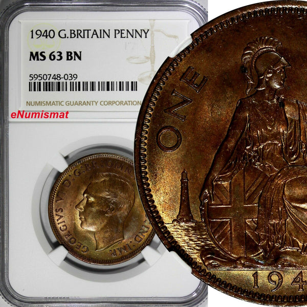 Great Britain George VI Bronze 1940 1 Penny NGC MS63 BN KEY DATE KM# 845 (039)