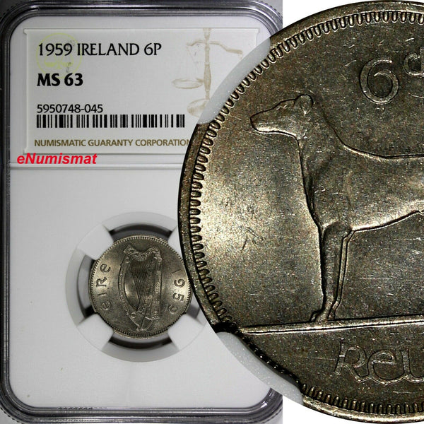 Ireland Copper-Nickel 1959 6 Pence Wolfhound NGC MS63 KM# 13a (45)