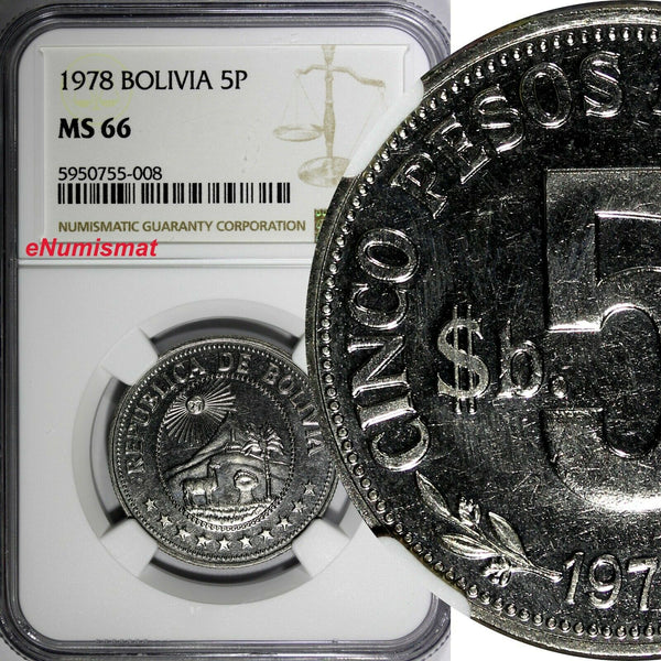 Bolivia 1978 5 Pesos Bolivianos Germany Mint NGC MS66 TOP GRADED KM# 197 (008)