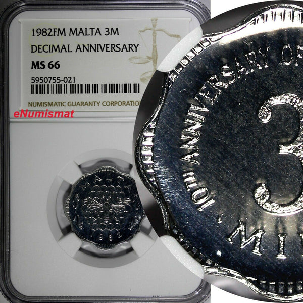 Malta 1982 FM 3 Mils Anniv.of Decimalization NGC MS66 1 GRADED HIGHEST KM# 55(1)