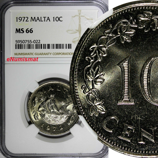 Malta Copper-Nickel 1972 10 Cents NGC MS66 TOP GRADED BY NGC  KM# 11 (022)