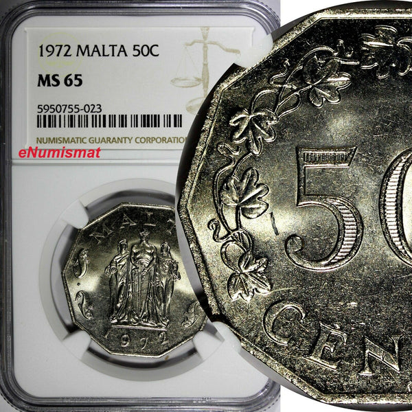 Malta Copper-Nickel 1972 50 Cents NGC MS65 Siege Monument KM# 12 (023)