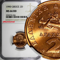 Greece Copper 1990 2 Drachmes NGC MS66 RD 1 GRADED HIGHEST BY NGC KM# 151 (46)