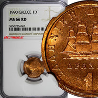 Greece Copper 1990 1 Drachma NGC MS66 RD 1 GRADED HIGHEST BY NGC KM# 150 (047)