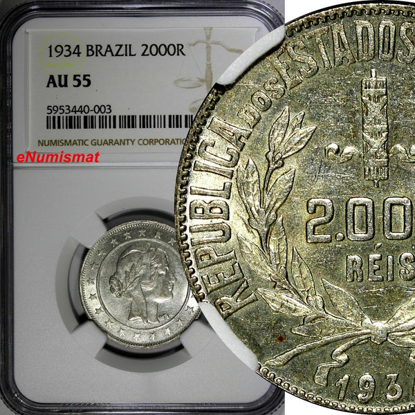 Brazil Silver 1934 2000 Reis NGC AU55 Last Year Type KM# 526 (003)