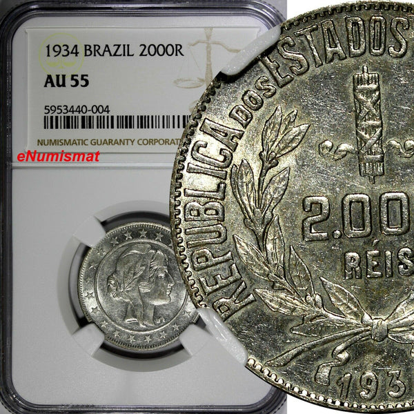 Brazil Silver 1934 2000 Reis NGC AU55 Last Year Type KM# 526 (004)