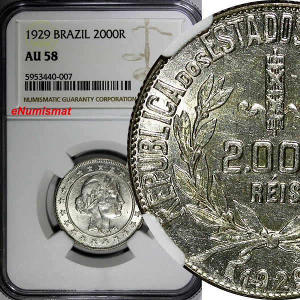 Brazil Silver 1929 2000 Reis NGC  AU58 KM# 526 (007)