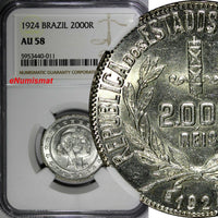 Brazil Silver 1924 2000 Reis NGC AU58 1st Date Type KM# 526 (011)